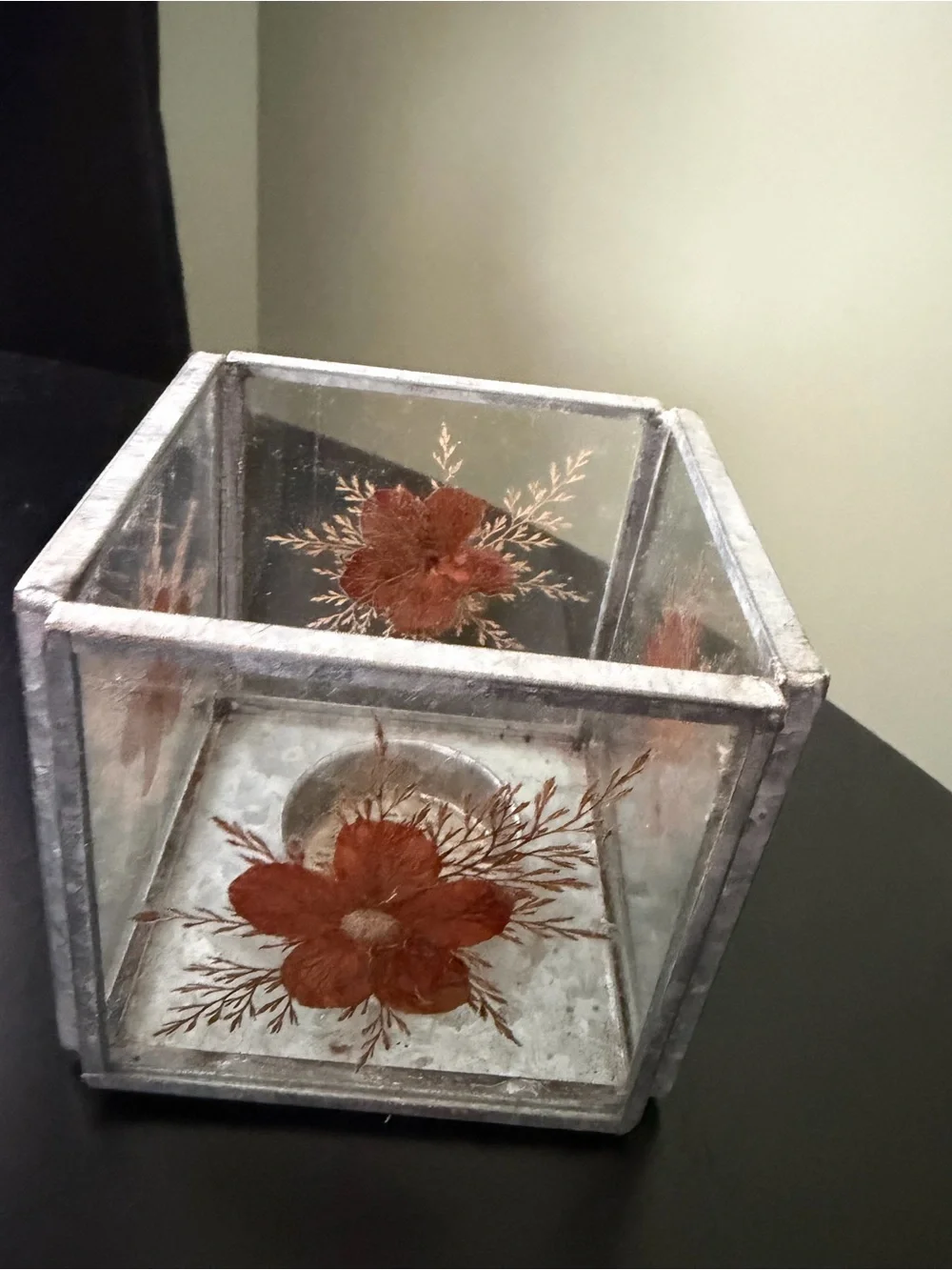 Pier 1 Imports Decorative Pressed Flower Glass Cube Candle Holder